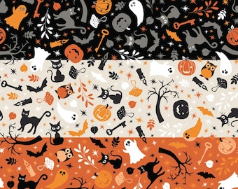 Pumpkins and Potions Fabric Cats and Ghosts quilt cotton material by the yard and half-yard