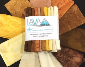 Lava Solid Batik Fabric Fat Quarter Bundle Golden Brown 10 pieces quilt cotton sewing material, Anthology for Windham, 18 x 21 inch quarters