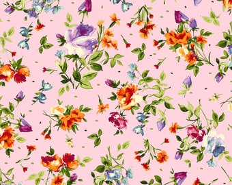 Bloom On Fabric Pink Spaced Floral quilt cotton sewing material, Listed by the Half Yard continuous cut, Maywood Studio Fabrics
