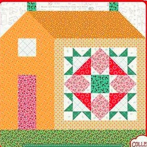May include: A quilt block pattern featuring a house shape constructed from orange patterned fabric, a pink floral door, and a white window. The central section displays a geometric star design in red, pink, green, and white floral fabrics.