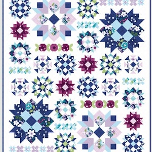 May include: A patchwork quilt with a white background and a repeating pattern of geometric shapes and floral designs in shades of blue, purple, and green. The quilt features starburst and square motifs.