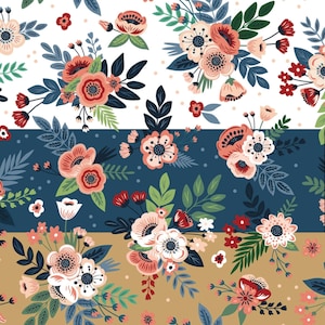 May include: A floral pattern featuring bouquets of stylized flowers in shades of pink, red, and white, with green leaves and dark blue accents. The design is set against a white, navy blue, and tan background, creating a seamless repeat.