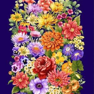 May include: A vibrant floral arrangement against a deep blue background. The bouquet features a variety of flowers in shades of red, orange, yellow, purple, and pink, with green foliage. The flowers are densely packed, creating a rich and colorful display.