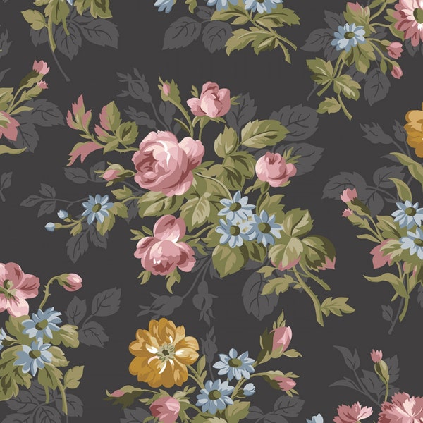 Midnight Garden Fabric Charcoal Main quilt cotton sewing material, Listed by the Yard & Half Yard continuous cut, Gerri Robinson Riley Blake
