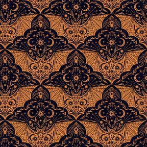 Lewis and Irene Fabric Cast a Spell Orange Floral Bat Damask quilt cotton sewing material, Listed by the yard and half yard continuous cut