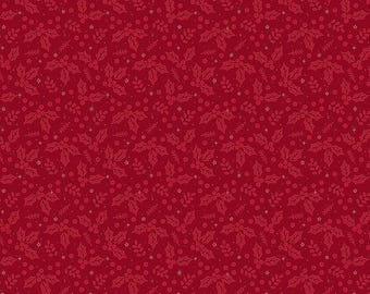 Christmas Fabrics, Peppermint & Pine Crimson Holly quilting cotton fabric, Marcus holiday sewing material, red tonal floral blender