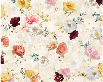 Pins and Needles Fabric Natural Floral Bouquets quilt cotton sewing material, Listed by the Yard and Half Yard continuous cut, Hoffman