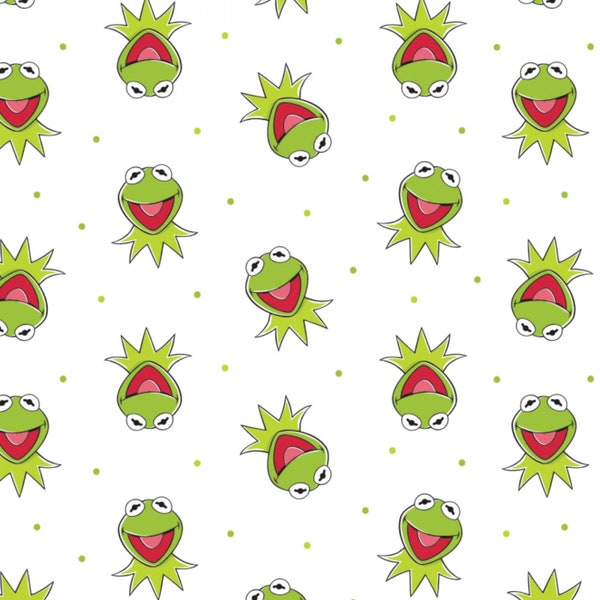 The Muppets Fabric Kermit the Frog White quilt cotton sewing material, Listed by the Yard and Half Yard continuous cut, Disney for Camelot