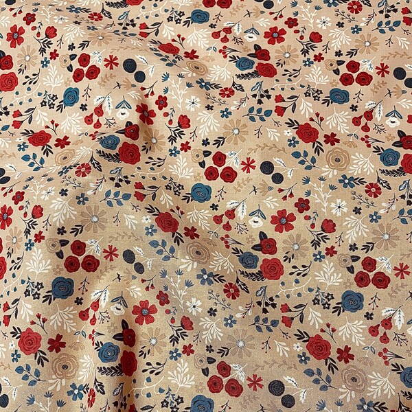 Red White and True Fabric Beach Floral quilt cotton sewing material, Listed by the Yard & Half Yard continuous cut, Dani Mogstad Riley Blake