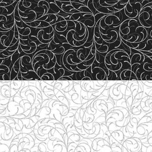 May include: A split-screen image featuring a decorative pattern. The top half is black with a silver, swirling vine design. The bottom half is white with a similar silver vine pattern. The design is symmetrical and detailed.