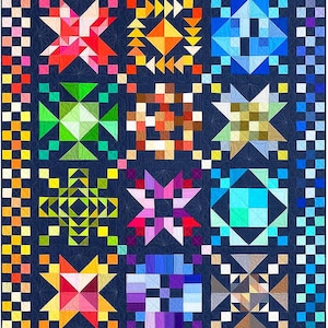 May include: A colorful quilt with a dark blue background features various geometric star patterns in shades of red, orange, yellow, green, pink, purple, and blue. The quilt has a checkered border in multiple colors.
