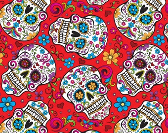 Tela folclórica con calaveras rojas de azúcar, material de algodón para acolchar y coser, cortado a medida y medio metro.