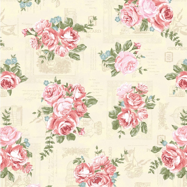 Cream Momento Fabric Wish You Were Here by Whistler Studios for Windham, Priced by the Half Yard, floral quilt cotton material