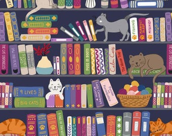 Purrfect Book Club Fabric Bookshelves and Cats cotton sewing material by yard and half-yard