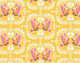 Fiesta Fabric Yellow Bird Tiles quilt cotton sewing material, listed by the yard & half yard continuous cut, Monkey Mind for Michael Miller