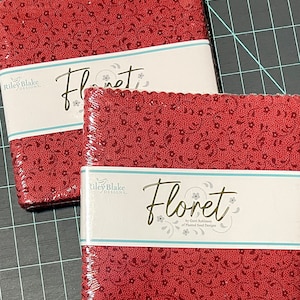 Riley Blake Fabrics Floret Red Charm Pack by Gerri Robinson, 5 Inch Stacker of quilt cotton precut floral sewing material, 42 fabric squares