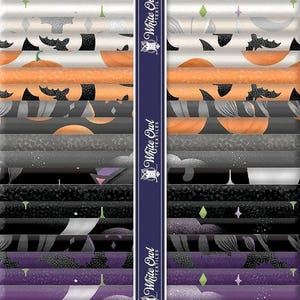 May include: A collection of fabric rolls featuring Halloween-themed patterns including bats, pumpkins, and moons in shades of white, orange, gray, black, and purple. A vertical navy blue band with the text White Owl Textiles runs down the center.