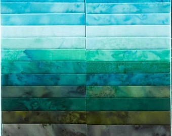 Jelly Roll Fabric Bundle, Island Batik Tantalizing Teal quilting cotton sewing material, 40 strips