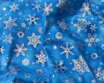 Holiday Flourish 14 Fabrics, Blue Snowflakes Silver Metallic cotton sewing fabric by the Yard and Half-Yard, Robert Kaufman Christmas cloth