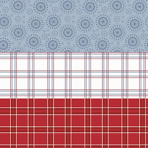 May include: A digitally created image featuring three distinct patterns. The top section displays a light blue background with repeating circular designs. The middle section showcases a white plaid pattern with red and blue lines. The bottom section has a red plaid pattern.
