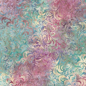 May include: A fabric featuring a repeating pattern of swirling, organic scrollwork in shades of magenta, teal, and soft purple. The design incorporates a mottled, textured effect across the surface, blending the vibrant colors into a cohesive, flowing visual composition that covers the entire visible area of the textile.