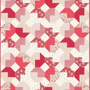 Puede incluir: Una colcha con un patr&oacute;n geom&eacute;trico repetitivo de formas octogonales en tonos rojo, rosa y crema. El dise&ntilde;o incorpora varias texturas de tela, incluyendo rojo s&oacute;lido, estampados florales, lunares y rayas verticales finas en todo el conjunto.
