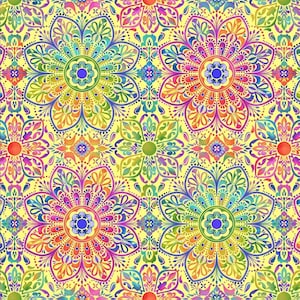 May include: A vibrant, repeating pattern featuring large, stylized floral designs in a kaleidoscope of colors. The flowers have intricate petal details and are set against a pale yellow background. The design includes shades of blue, green, orange, and purple.