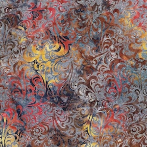 May include: A fabric textile featuring a dense, repeating pattern of swirling, organic flourishes in shades of deep red, burnt orange, and golden yellow, set against a mottled, textured background of muted gray and dark blue tones.