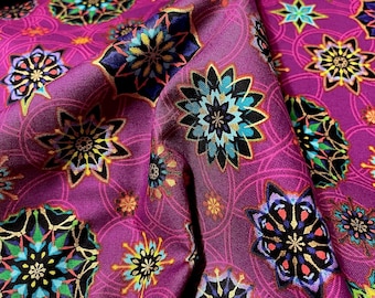 Talisman Fabric Magenta Stars Gold Metallic quilting cotton material by the yard and half-yard