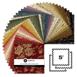 May include: A collection of 42 square fabric pieces, each measuring 5 inches by 5 inches, arranged in a fan shape. The 100% cotton squares feature various floral and geometric patterns in shades of red, yellow, green, blue, and black.