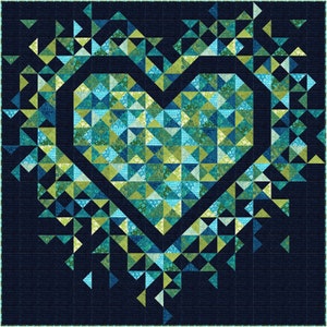 May include: A geometric quilt featuring a heart shape composed of small, colorful triangles. The heart is filled with shades of blue and green triangles, set against a dark blue background. The design gives a modern, abstract feel.