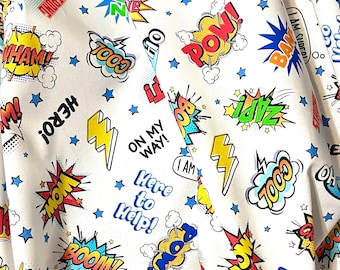My Hero Fabric Superhero Words white quilt cotton sewing material by the yard and the half-yard
