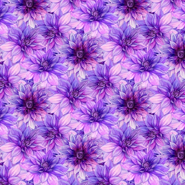 In Bloom Fabric Purple Packed Floral quilt cotton sewing material, Listed by the Yard and Half Yard continuous cut, Nancy Mink Wilmington