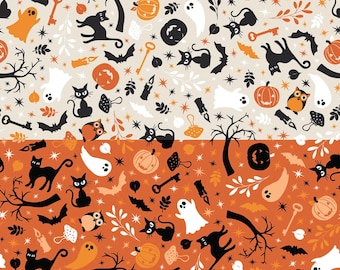 Pumpkins and Potions Fabric Cats and Ghosts quilt cotton material by the yard and half-yard