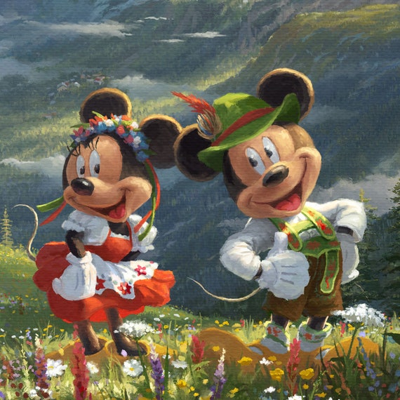 Mickey and Minnie Mouse Alps Fabric Panel, Thomas Kinkade Cotton