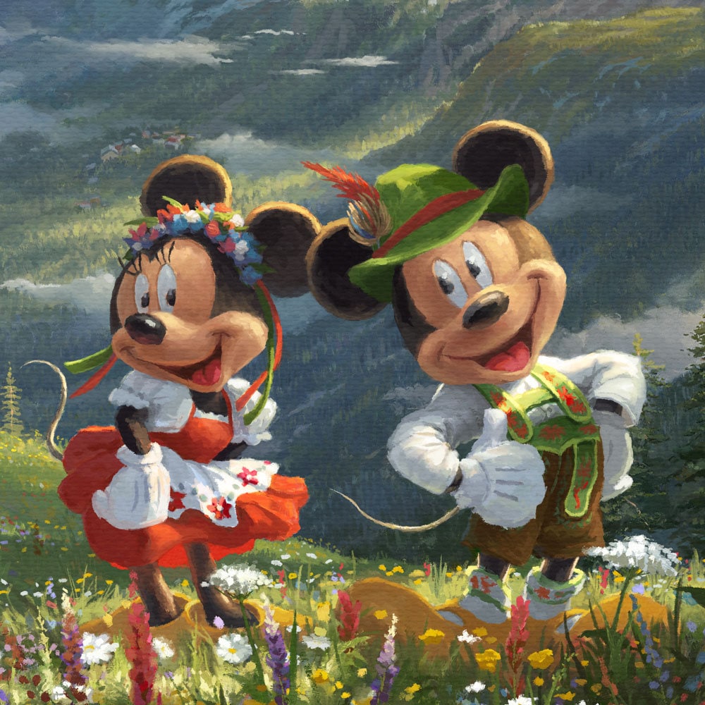 Mickey and Minnie Mouse Alps Fabric Panel, Thomas Kinkade Cotton