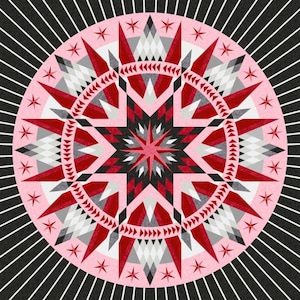 May include: A symmetrical, geometric design featuring a central eight-pointed star in shades of red, black, and gray, surrounded by a pink circle. The design includes smaller star shapes and a black and white striped background. The overall pattern is circular.