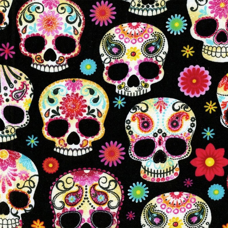 Sugar Skulls Day of the Dead Black Fabric Day of the Dead Kitty Fabric Collection for Timeless Treasures Priced by Half Yard Increments