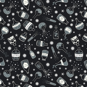 May include: A black and white seamless pattern featuring various potion bottles with whimsical labels like "Rats Whiskers", "Magic Twigs", and "Mice Brains". The pattern is set against a black background with white stars.