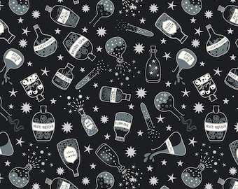Halloween Fabric Cast a Spell Bottles Metallic quilting cotton sewing material by the yard and half-yard