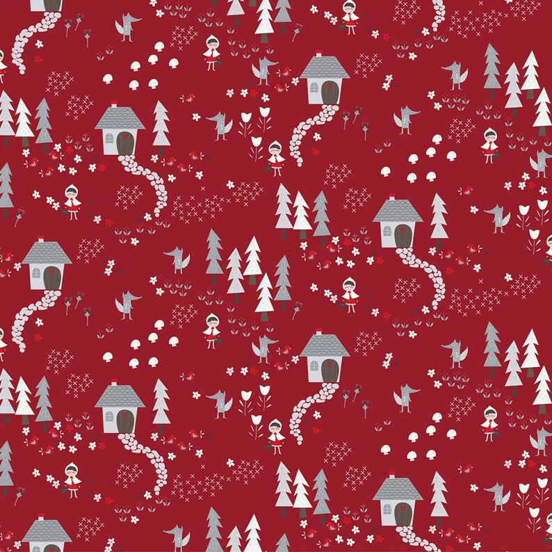 Priced by the Half Yard Little Red Fabric Red Forest Path Little Red Riding Hood by Meags and Me Clothworks