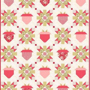 Puede incluir: Una colcha con un patr&oacute;n repetitivo de bloques alternos en forma de bellota y bloques en forma de estrella. Los bloques de bellota usan varios tonos de telas rosas y rojas con estampados florales y de puntos. Los bloques de estrella tienen formas geom&eacute;tricas.