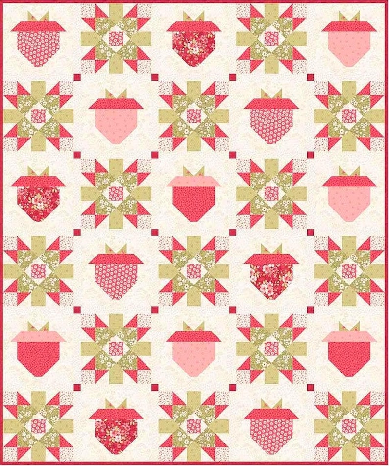 Puede incluir: Una colcha con un patr&oacute;n repetitivo de bloques alternos en forma de bellota y bloques en forma de estrella. Los bloques de bellota usan varios tonos de telas rosas y rojas con estampados florales y de puntos. Los bloques de estrella tienen formas geom&eacute;tricas.