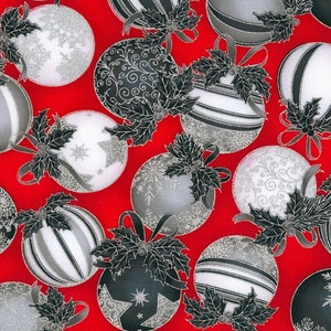 Holiday Flourish 15 Fabric Scarlet Ornaments quilt cotton sewing material, Listed by the yard and half yard continuous cut, Robert Kaufman