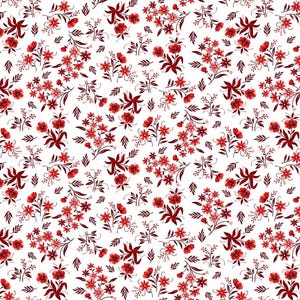 May include: A seamless pattern featuring a repeating floral design. The pattern showcases clusters of red flowers and leaves against a white background. The flowers vary in size and shape, creating a visually dynamic and detailed textile design.