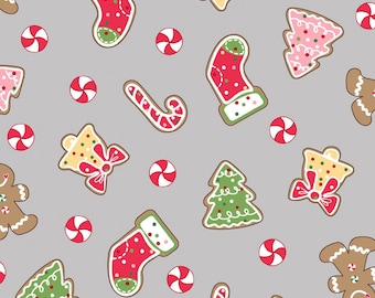 Jingle & Whisk Fabric Grey Christmas Cookies quilt cotton sewing material, Listed by Yard and Half Yard continuous cut, Kimberbell Maywood