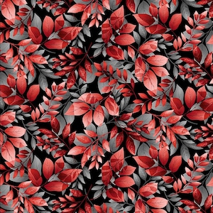 May include: A seamless pattern featuring red and gray leaves on a black background. The leaves vary in size and shape, creating a dense, textured design. The color palette includes shades of red, gray, and black, giving a sophisticated look. This pattern is suitable for fabric or wallpaper.