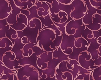 Flower Festival Fabric Aubergine Swirling Vines quilt cotton sewing material, Listed by the Half Yard continuous cut, Benartex Studio