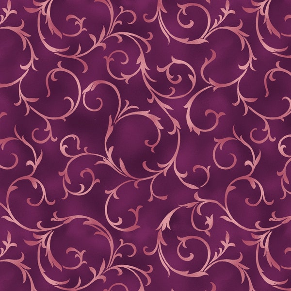 Flower Festival Fabric Aubergine Swirling Vines quilt cotton sewing material, Listed by the Half Yard continuous cut, Benartex Studio