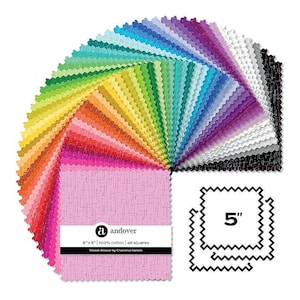 May include: A collection of 42 fabric squares arranged in a fan shape, featuring a variety of colors including pink, orange, yellow, green, blue, purple, white, and black. Each square measures 5 inches by 5 inches and is made of 100% cotton.